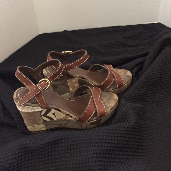 Coach Signature CC Leather Ankle Strap Wedges 5.5 - Picture 2 of 8